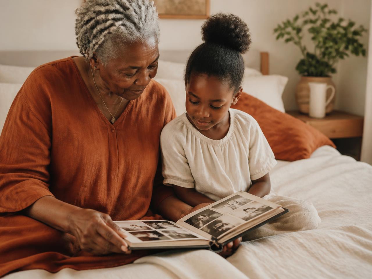 A grandmother and a young child looking through a linen family photo album together