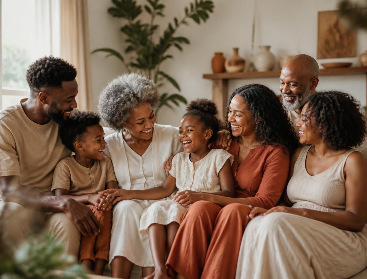 Three generations of a family laughing together on a sofa